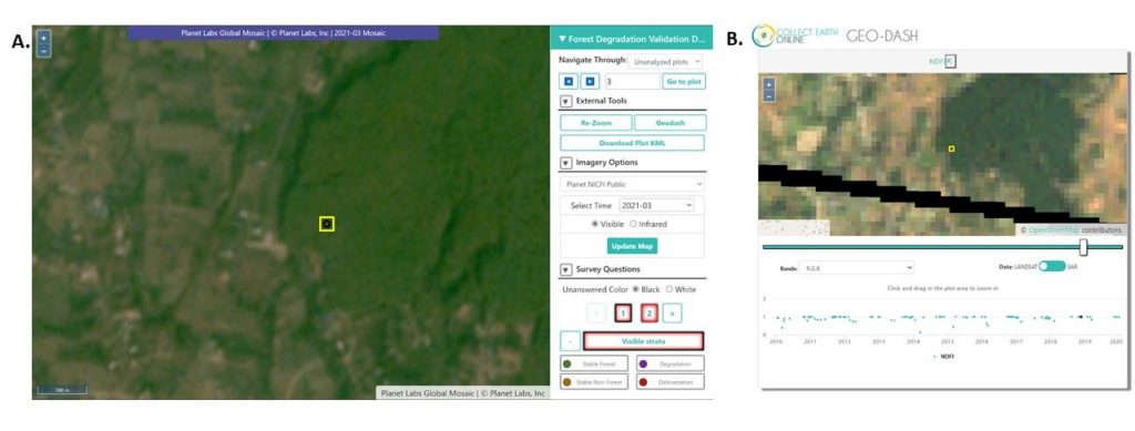 High-resolution date-stamped imagery available from Planet through the NICFI initiative (A) helps users to confirm patterns of forest degradation seen using the Geo-Dash tool (B), which uses medium-resolution Landsat and Sentinel imagery. These images are from work in progress in Nepal.