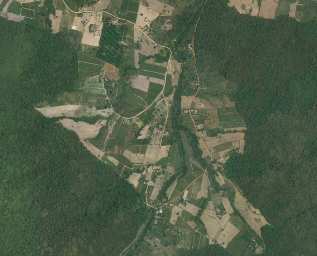 Crops surrounded by forests in Thailand. Imagery courtesy Bing.