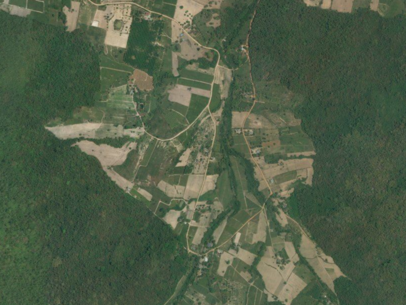 Crops surrounded by forests in Thailand. Imagery courtesy Bing.