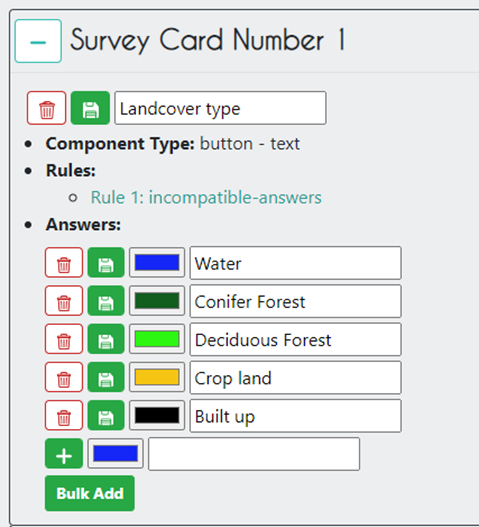 Survey Rules will now be listed under the appropriate question on the Survey Questions tab. Mousing over the text—here “Rule 1: incompatible-answers”—will show details about the corresponding Survey Rule.