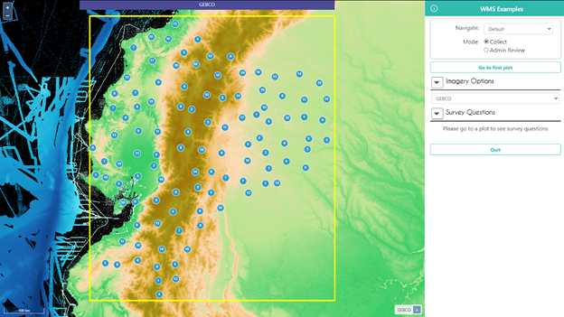 An example WMS image from GEBCO viewed in the CEO data collection screen.