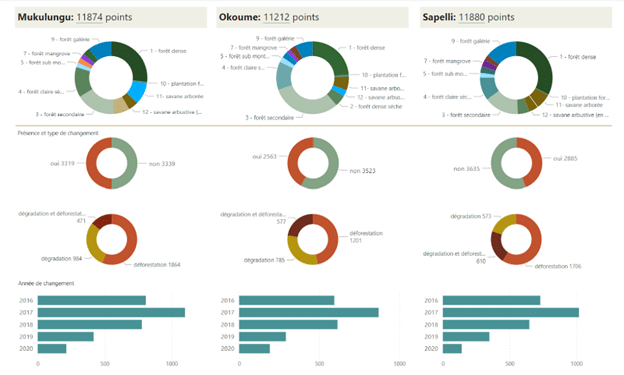 Dashboard ummarizing each group’s responses on land cover, disturbance type, and year of change for each group.