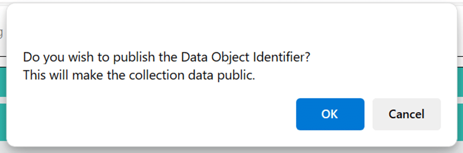 When the admin clicks “Publish DOI”, CEO will display an alert about sending the data to Zenodo.