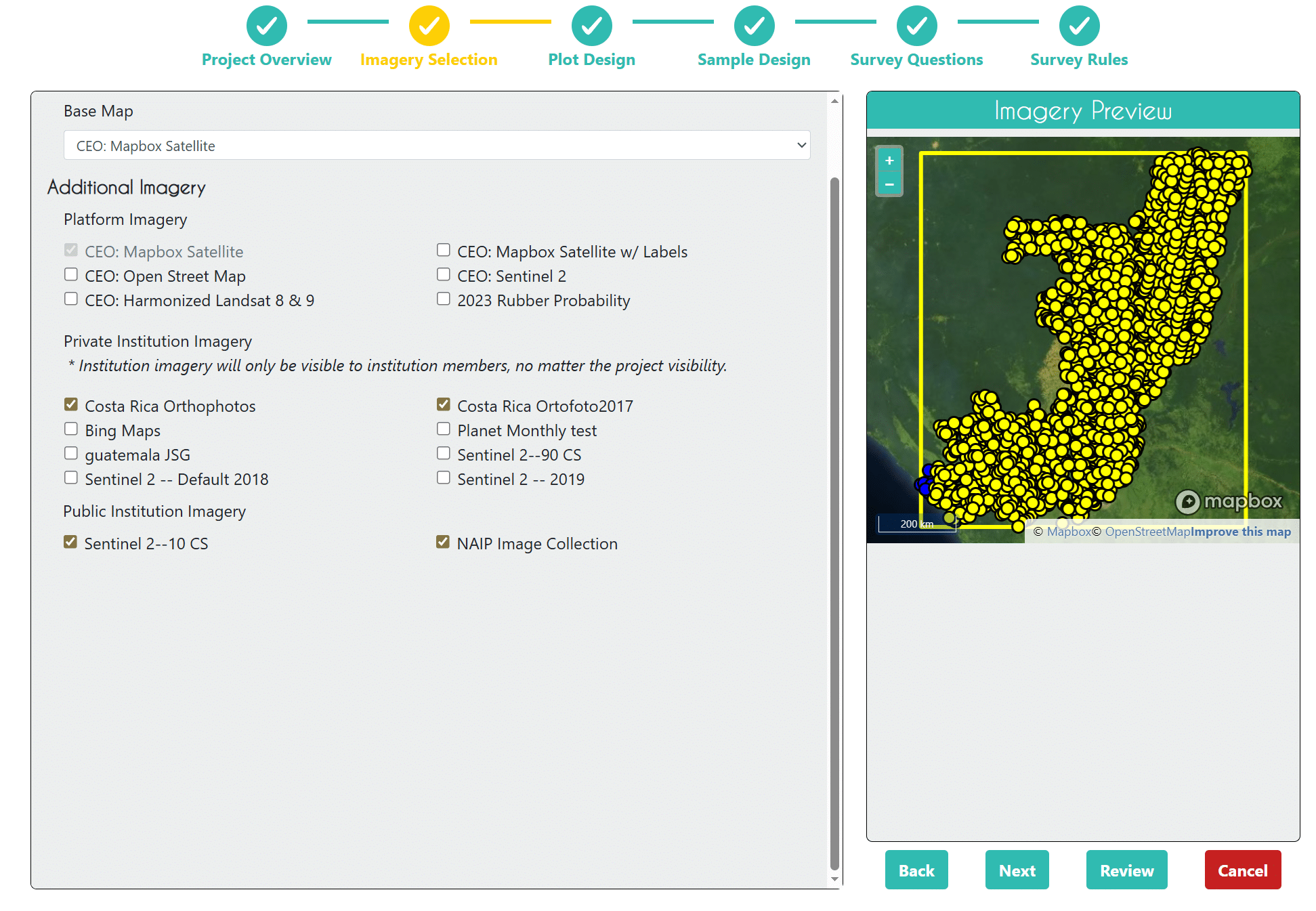 Imagery visibility categories in the Project Wizard.