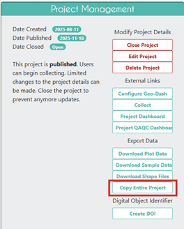 From the Project Management section on the Project Overview page, users can initiate a project copy.