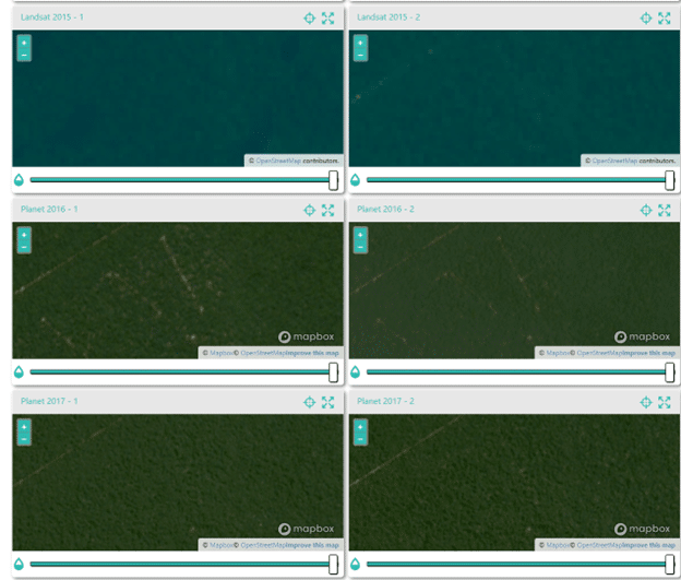 Example of selective logging appearing in 2016 as seen in the Planet NICFI imagery.