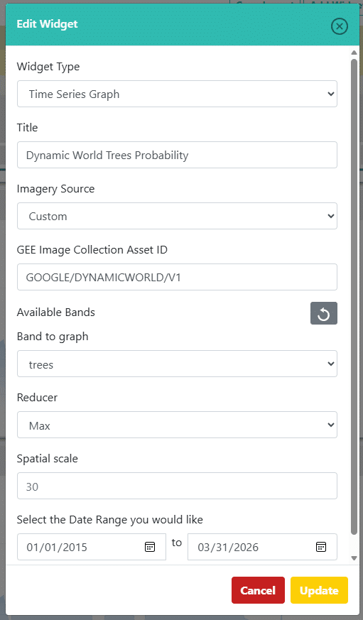 Geo-Dash time series widget filled out for Dynamic World.