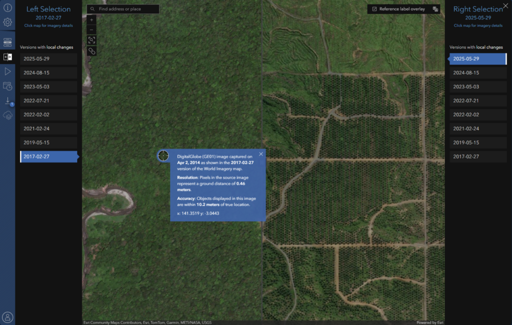 Click on the Wayback map to display metadata including the imagery source and capture date.